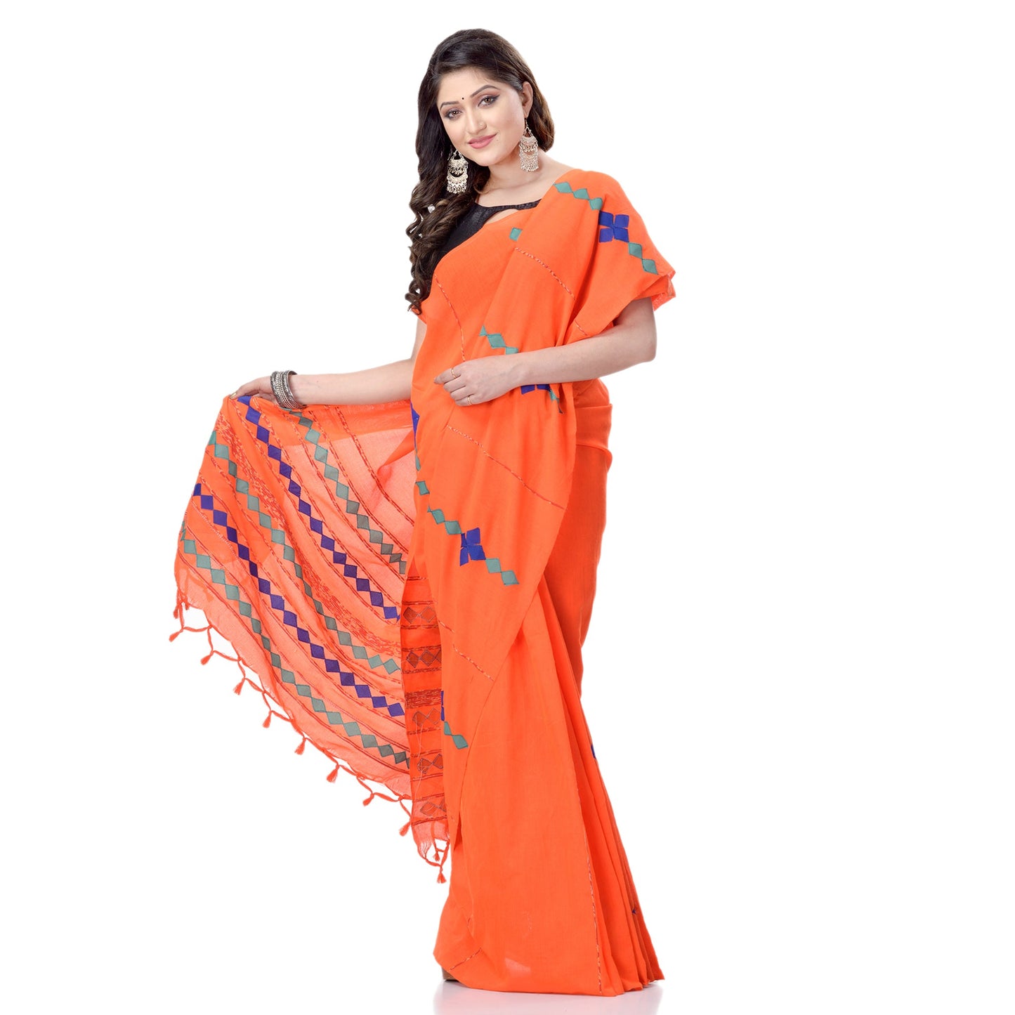 Women's Handspun Cotton Orange Handloom Applique Saree