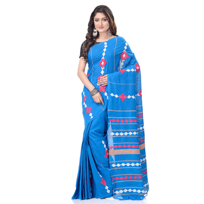 Women's Handspun Cotton Sky Blue Handloom Applique Saree