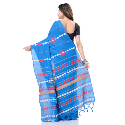 Women's Handspun Cotton Sky Blue Handloom Applique Saree