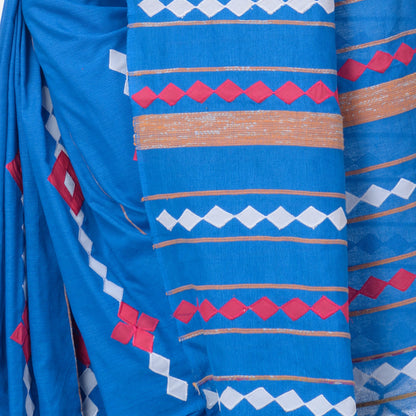 Women's Handspun Cotton Sky Blue Handloom Applique Saree