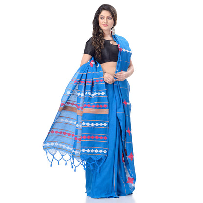Women's Handspun Cotton Sky Blue Handloom Applique Saree