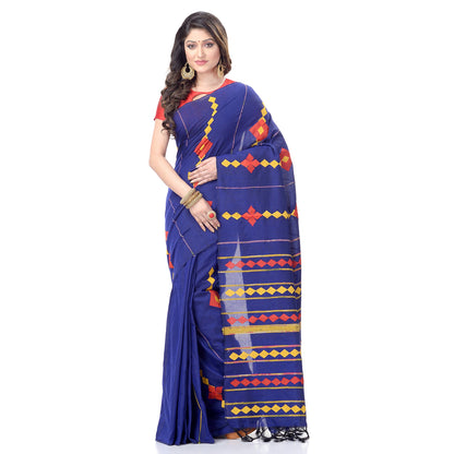 Women's Handspun Cotton Royal Blue Handloom Applique Saree