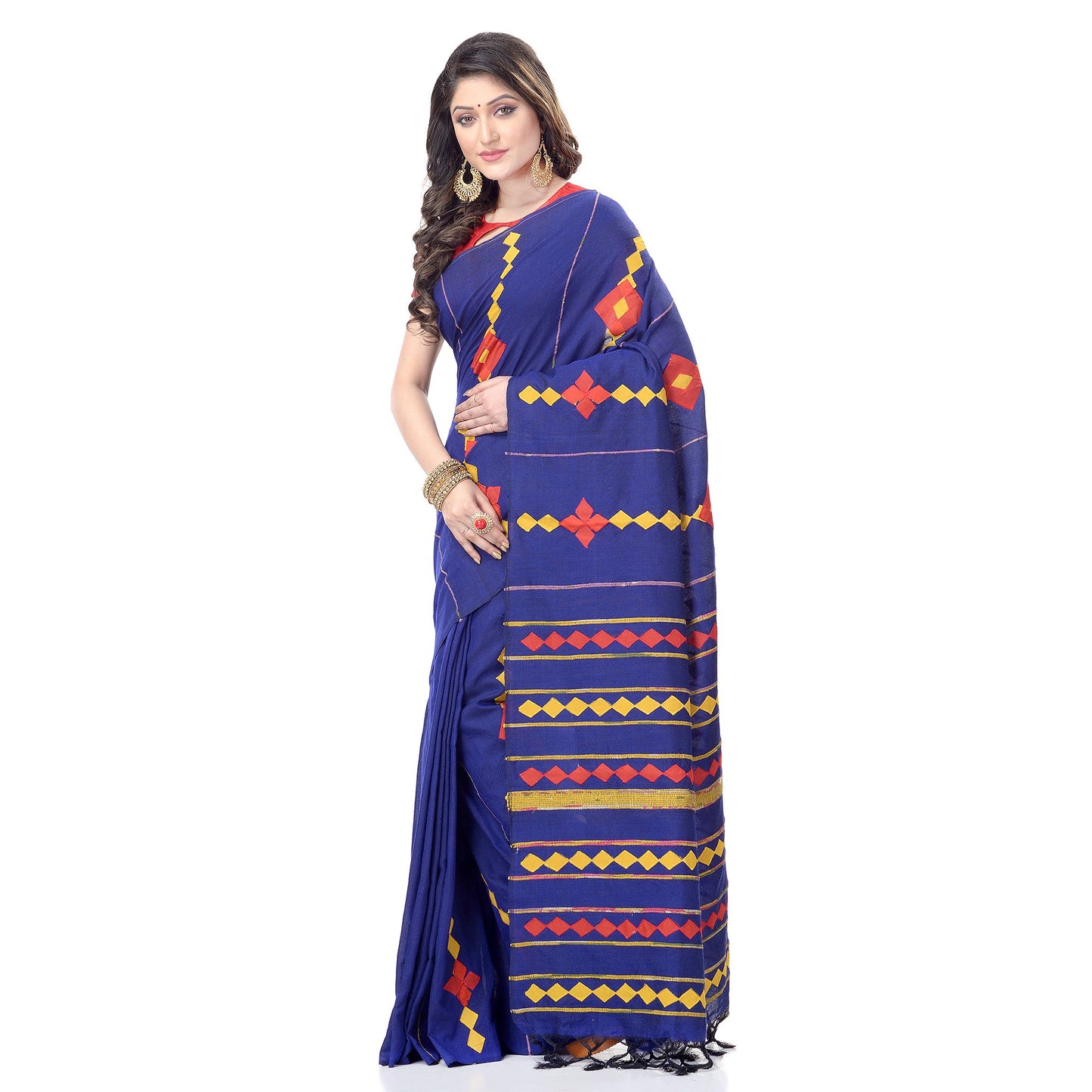 Women's Handspun Cotton Royal Blue Handloom Applique Saree