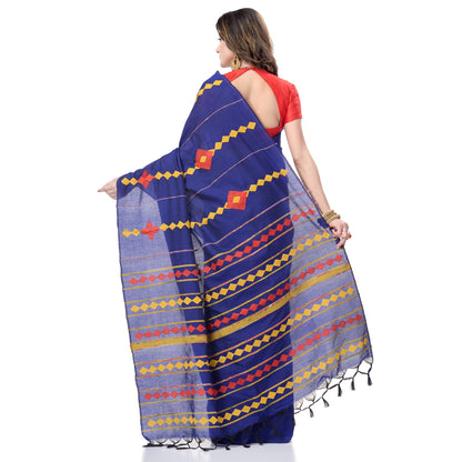 Women's Handspun Cotton Royal Blue Handloom Applique Saree