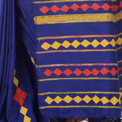 Women's Handspun Cotton Royal Blue Handloom Applique Saree
