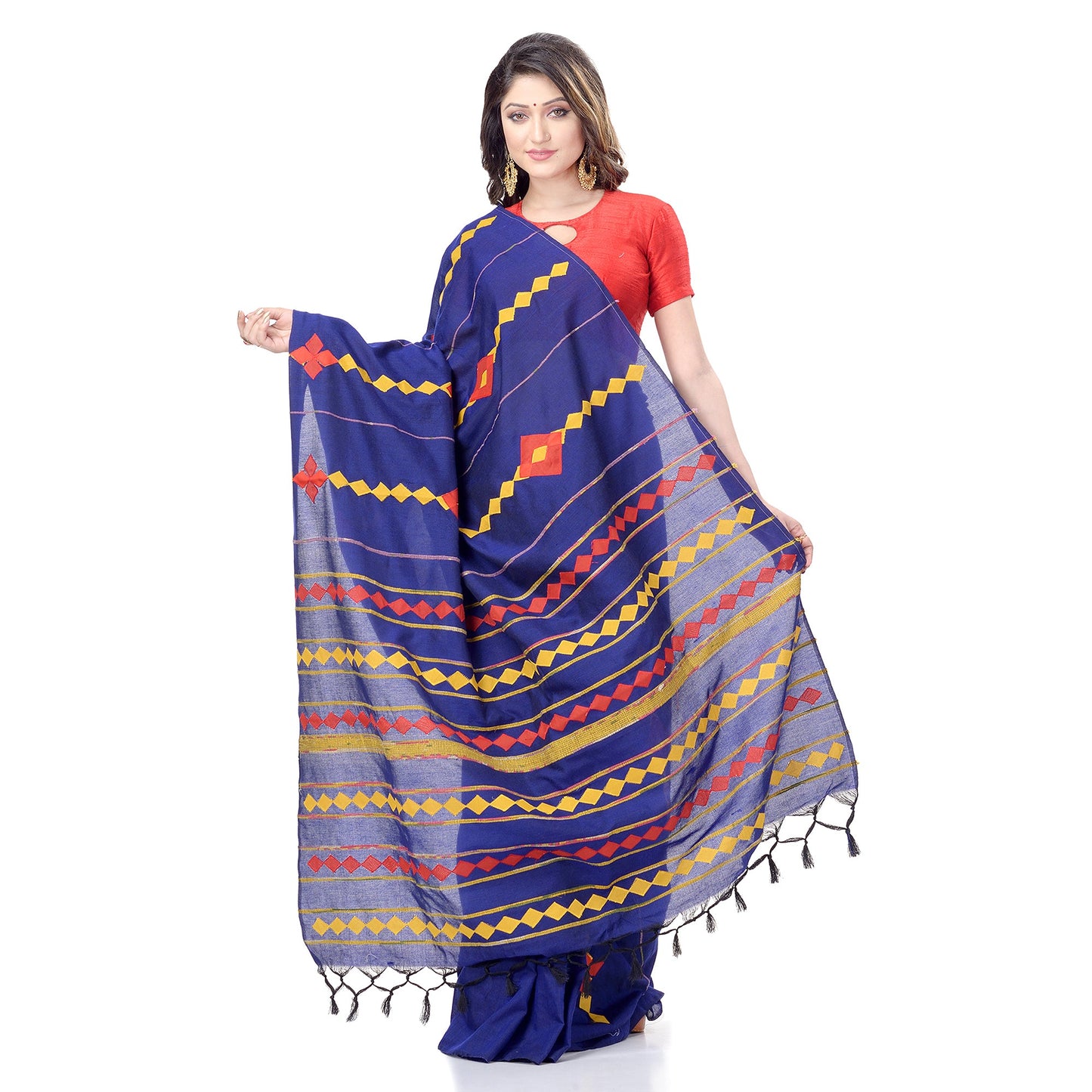 Women's Handspun Cotton Royal Blue Handloom Applique Saree