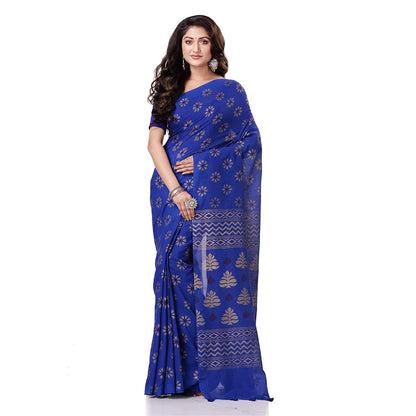 Women's Handspun Cotton Blue Handloom Print Saree
