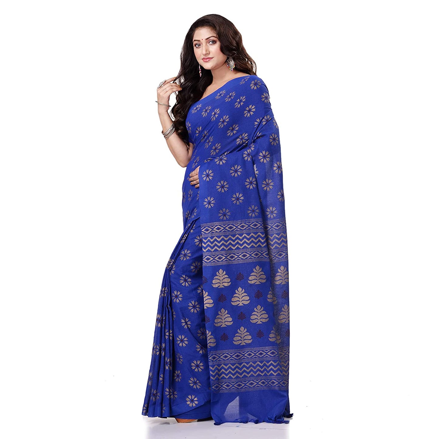 Women's Handspun Cotton Blue Handloom Print Saree