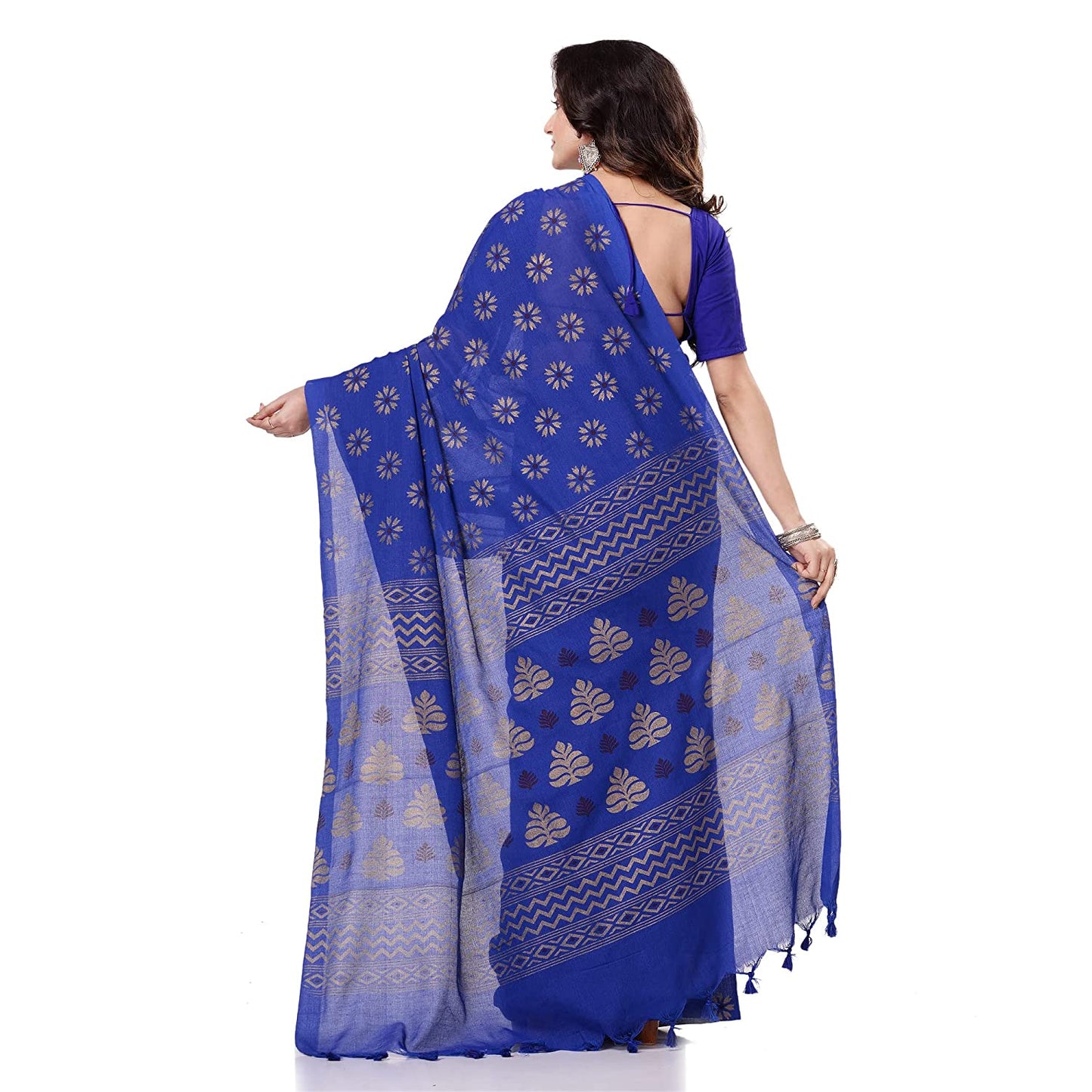 Women's Handspun Cotton Blue Handloom Print Saree