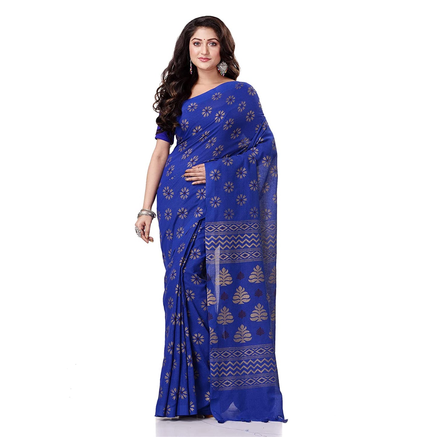 Women's Handspun Cotton Blue Handloom Print Saree