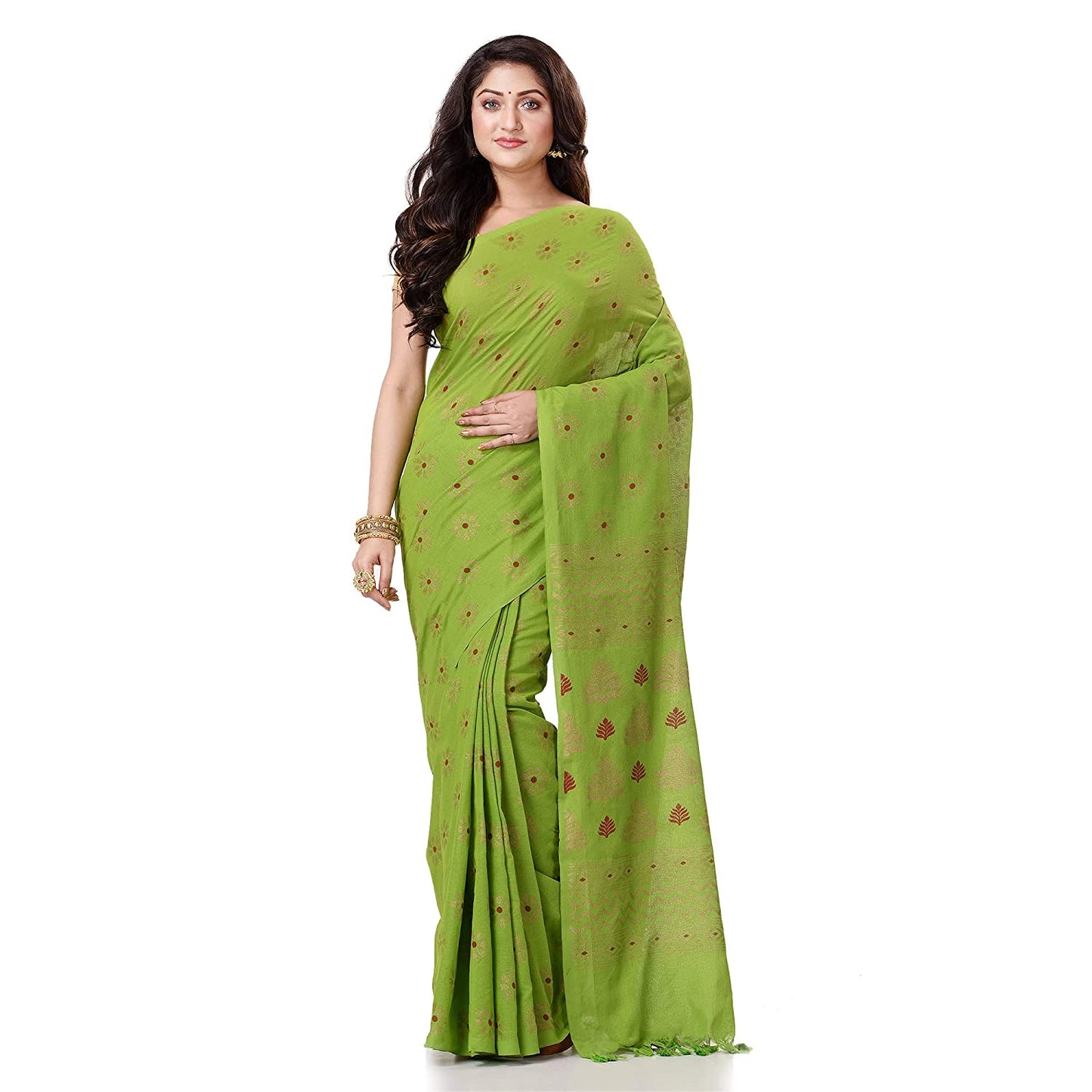 Women's Handspun Cotton Lemon Green Handloom Print Saree