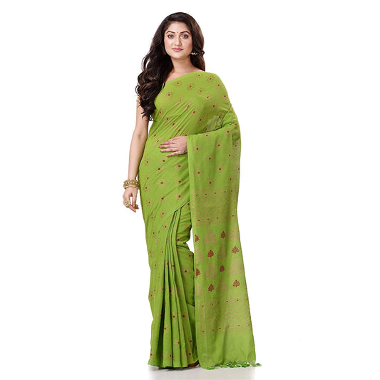 Women's Handspun Cotton Lemon Green Handloom Print Saree