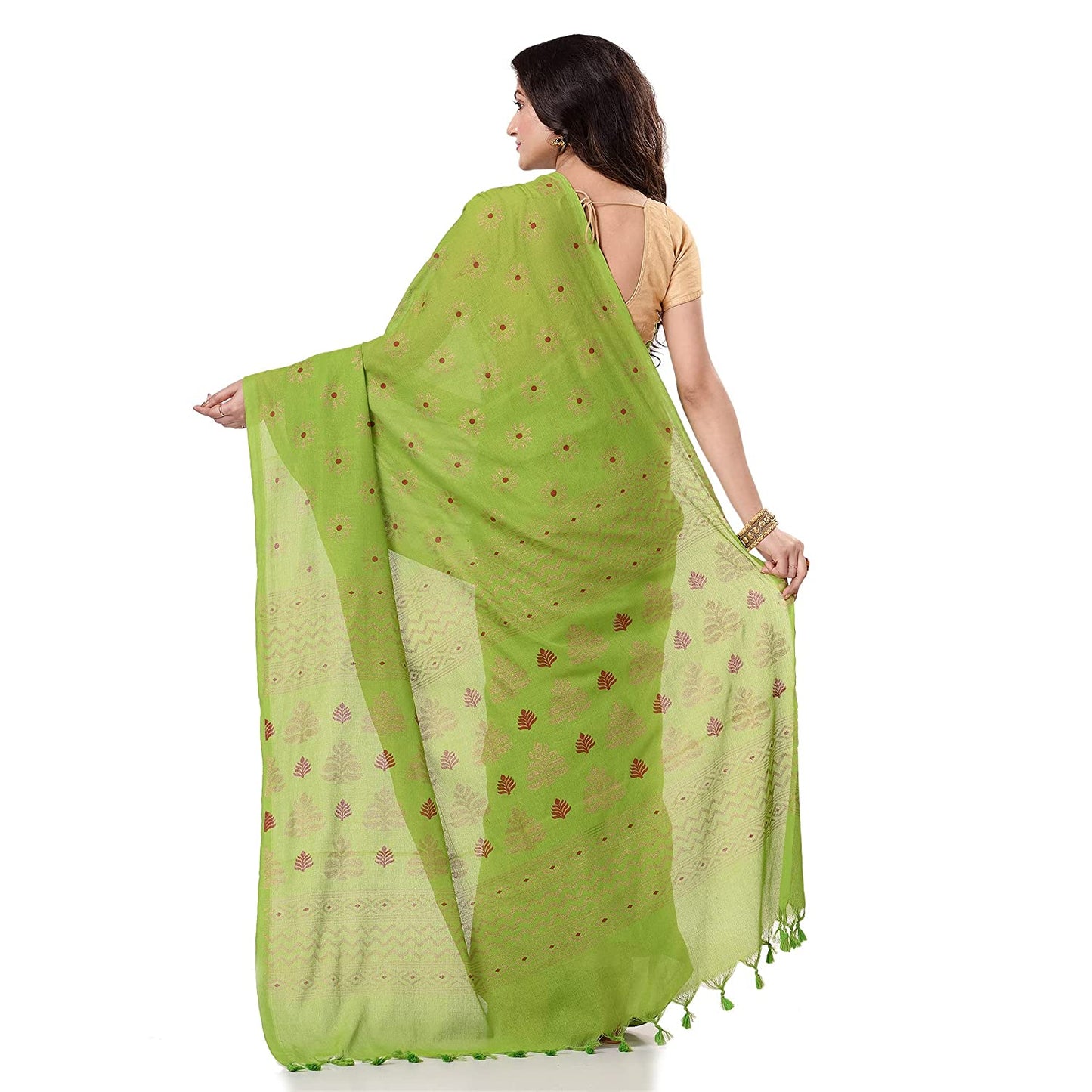 Women's Handspun Cotton Lemon Green Handloom Print Saree