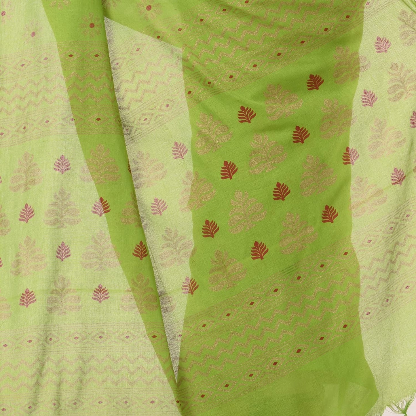 Women's Handspun Cotton Lemon Green Handloom Print Saree