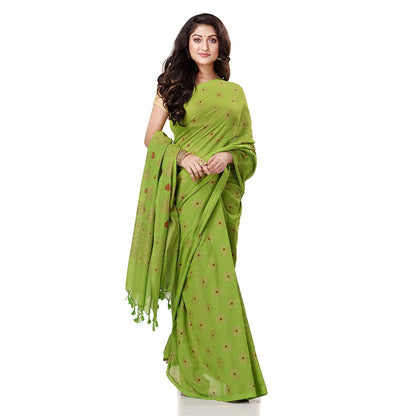 Women's Handspun Cotton Lemon Green Handloom Print Saree