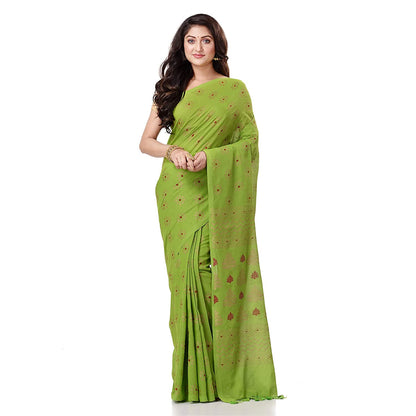 Women's Handspun Cotton Lemon Green Handloom Print Saree