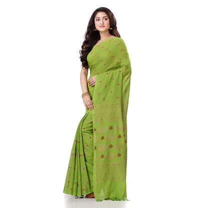 Women's Handspun Cotton Lemon Green Handloom Print Saree