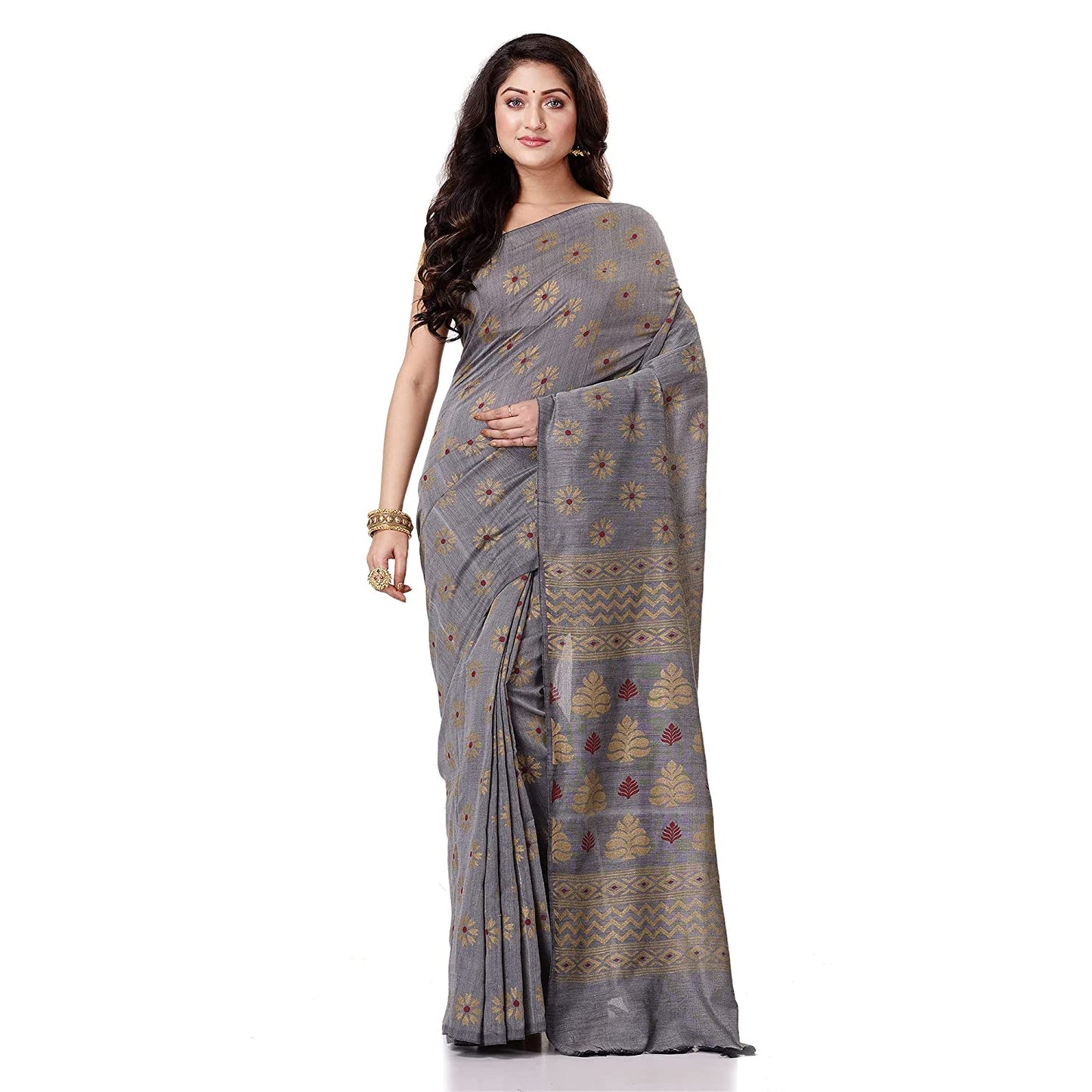 Women's Handspun Cotton Silver Grey Handloom Print Saree