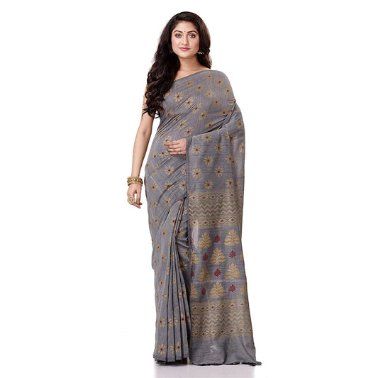Women's Handspun Cotton Silver Grey Handloom Print Saree