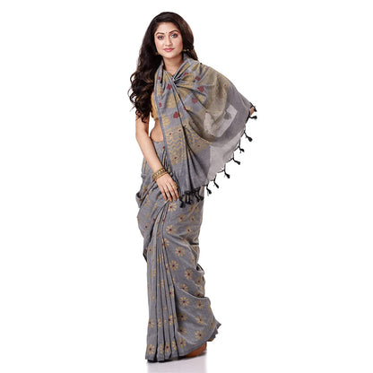 Women's Handspun Cotton Silver Grey Handloom Print Saree