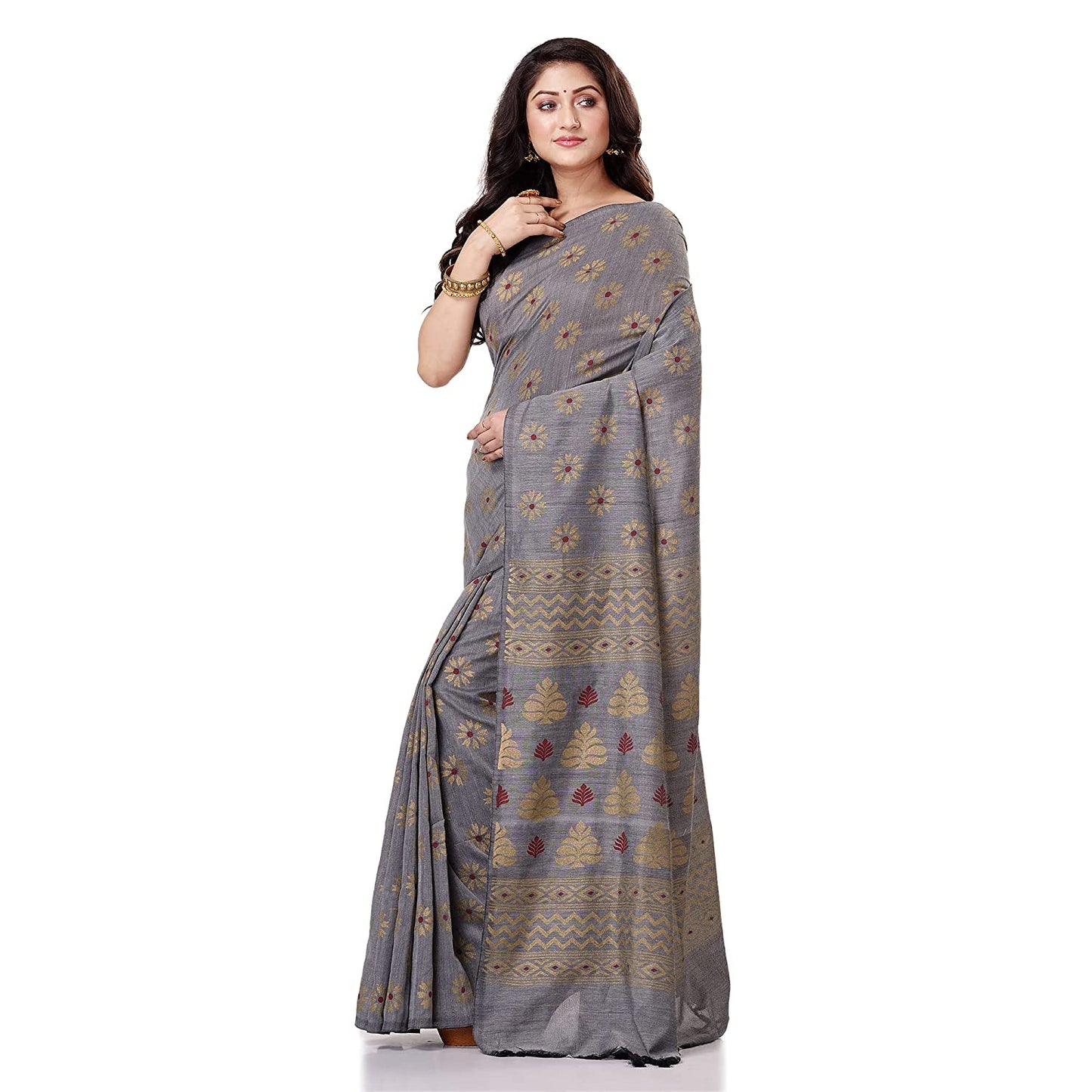 Women's Handspun Cotton Silver Grey Handloom Print Saree