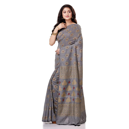 Women's Handspun Cotton Silver Grey Handloom Print Saree