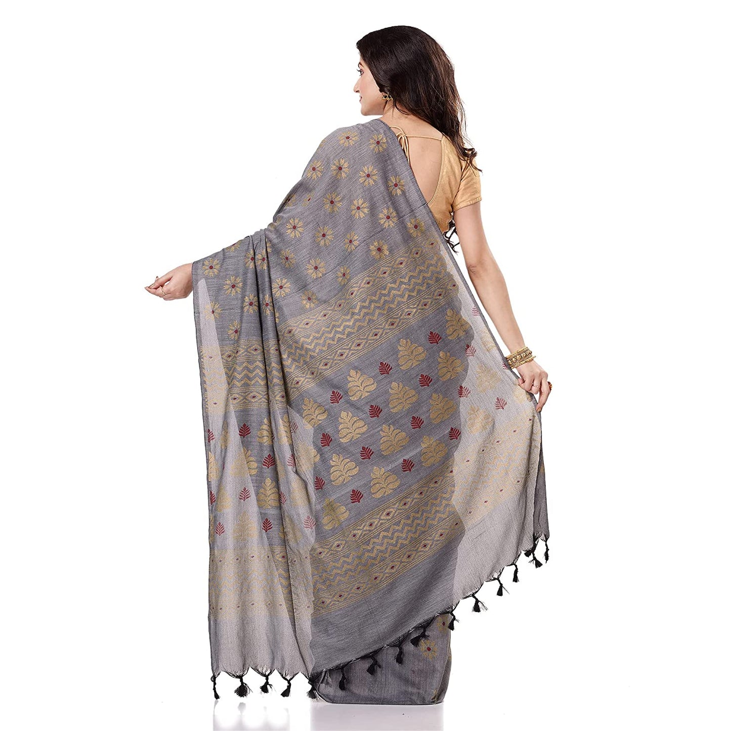 Women's Handspun Cotton Silver Grey Handloom Print Saree