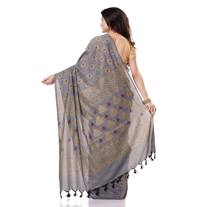Women's Handspun Cotton Silver Grey Handloom Print Saree