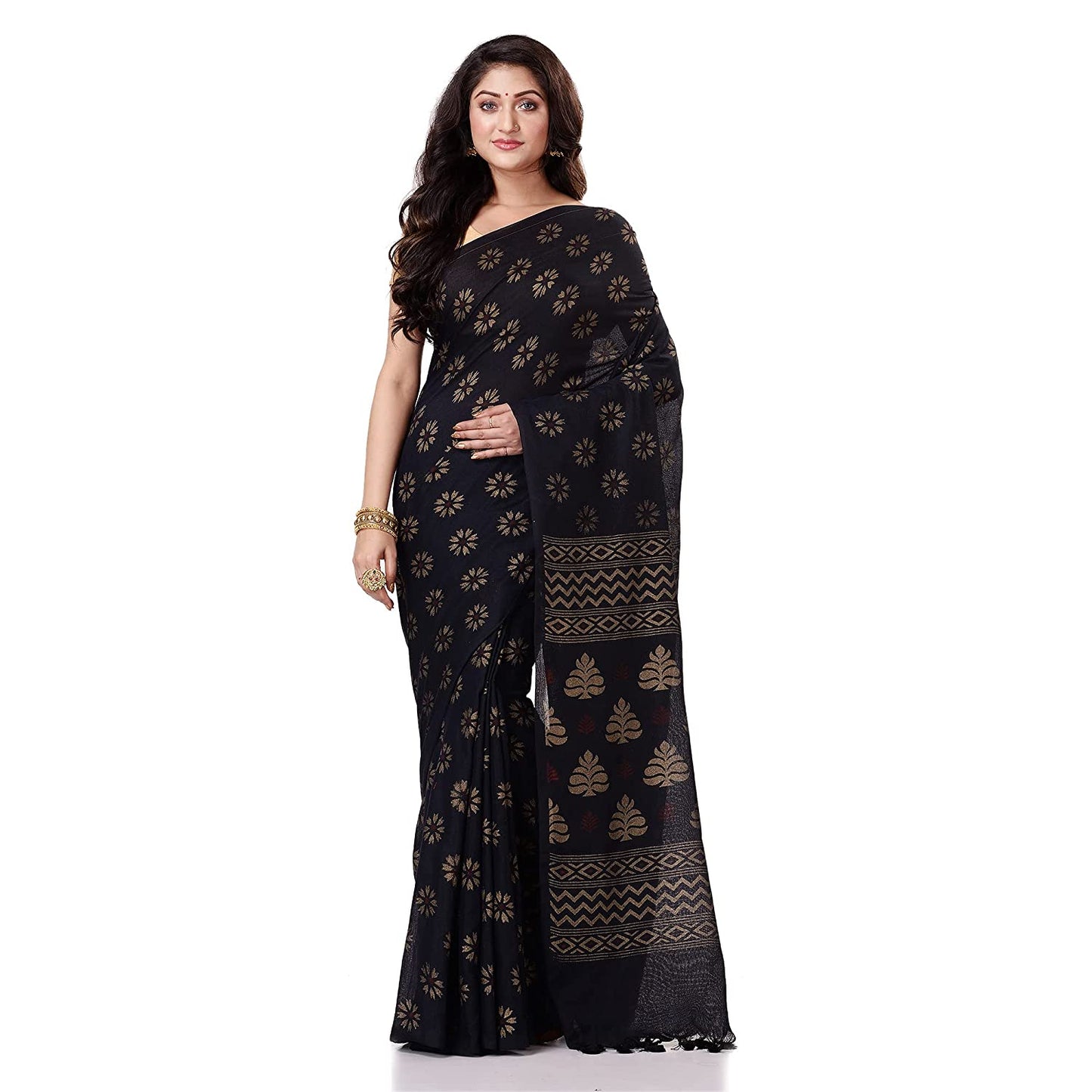 Women's Handspun Cotton Black Handloom Print Saree