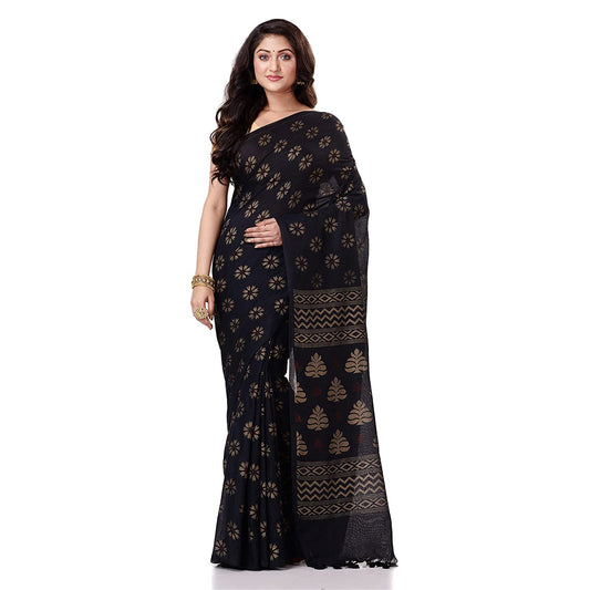 Women's Handspun Cotton Black Handloom Print Saree