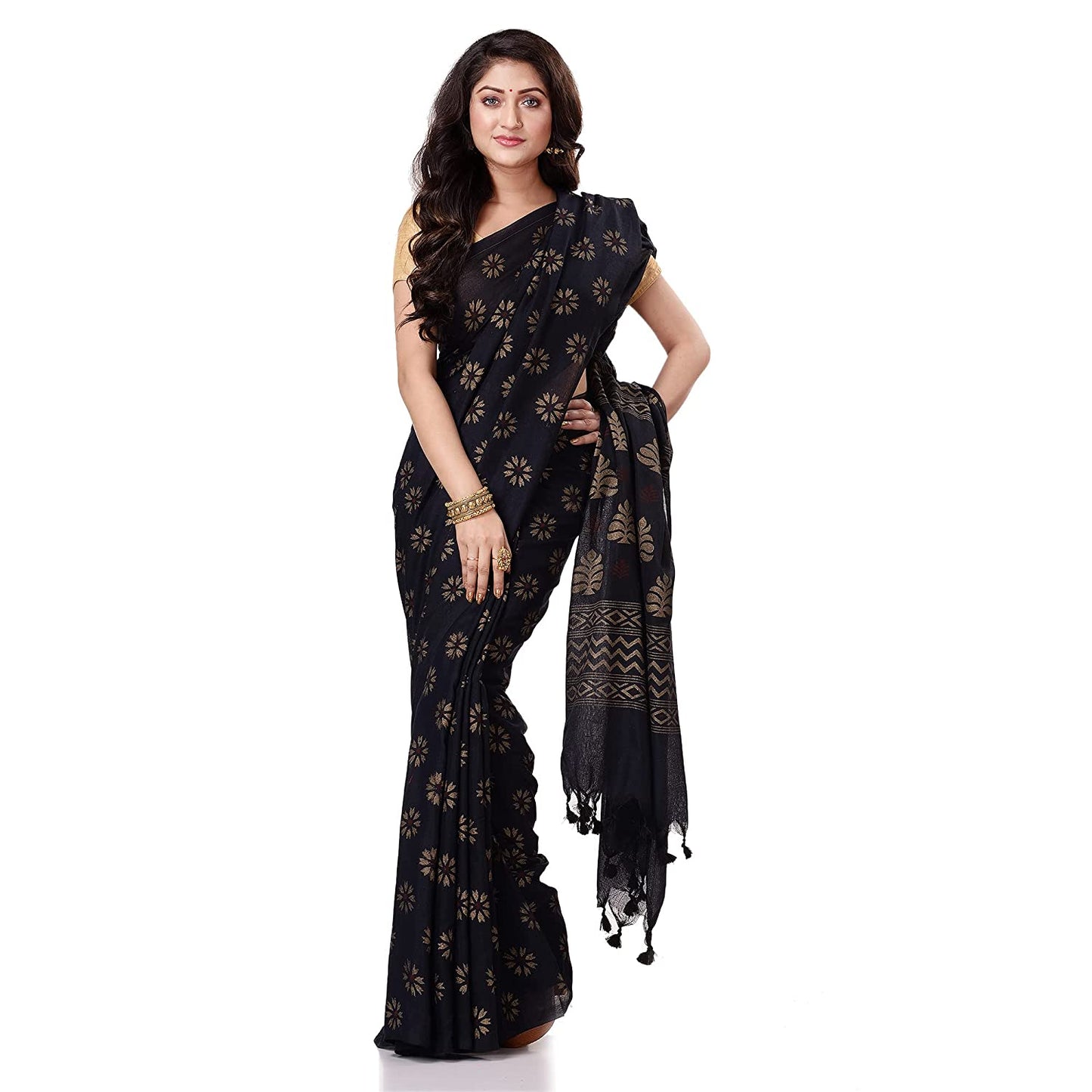 Women's Handspun Cotton Black Handloom Print Saree