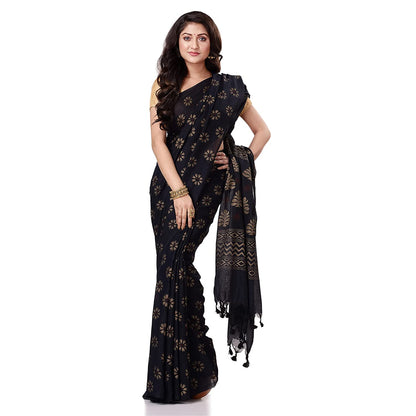 Women's Handspun Cotton Black Handloom Print Saree