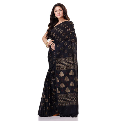Women's Handspun Cotton Black Handloom Print Saree