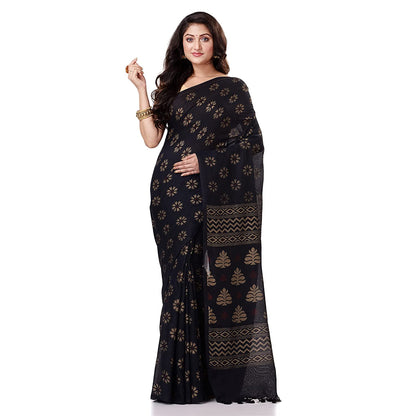 Women's Handspun Cotton Black Handloom Print Saree