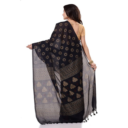 Women's Handspun Cotton Black Handloom Print Saree