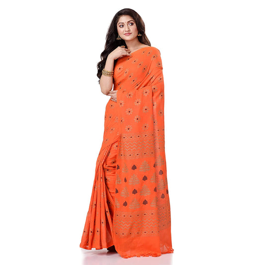 Women's Handspun Cotton Orange Handloom Print Saree