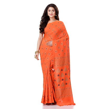 Women's Handspun Cotton Orange Handloom Print Saree