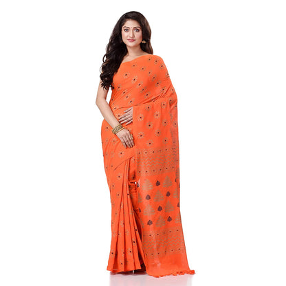 Women's Handspun Cotton Orange Handloom Print Saree