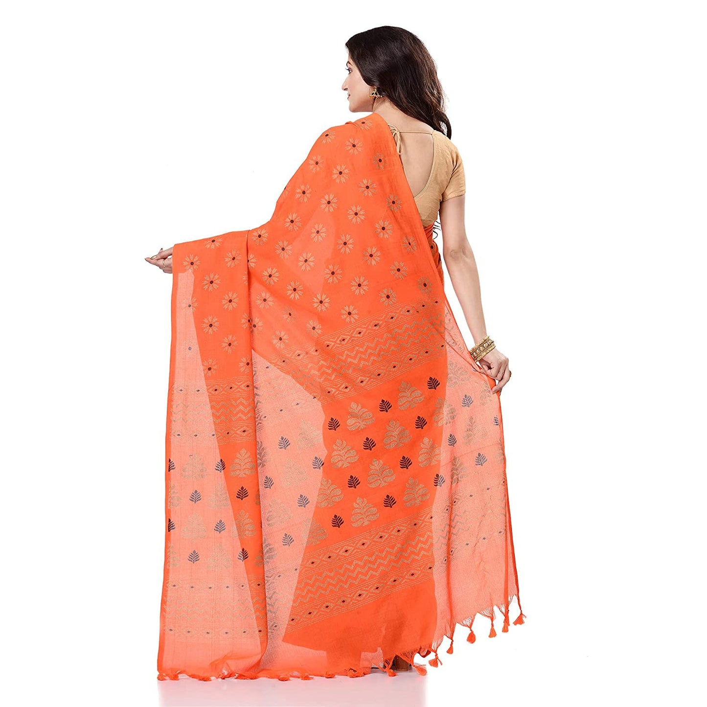 Women's Handspun Cotton Orange Handloom Print Saree