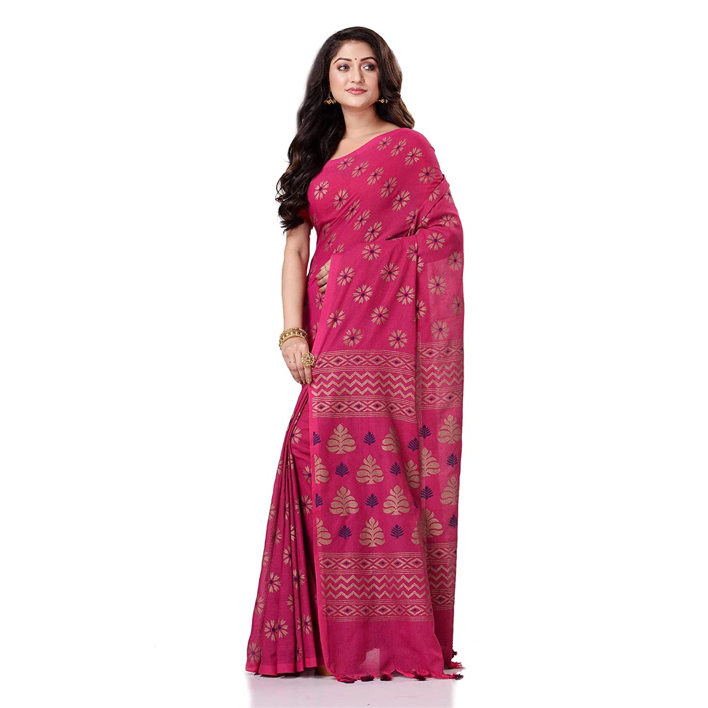 Women's Handspun Cotton Pink Handloom Print Saree