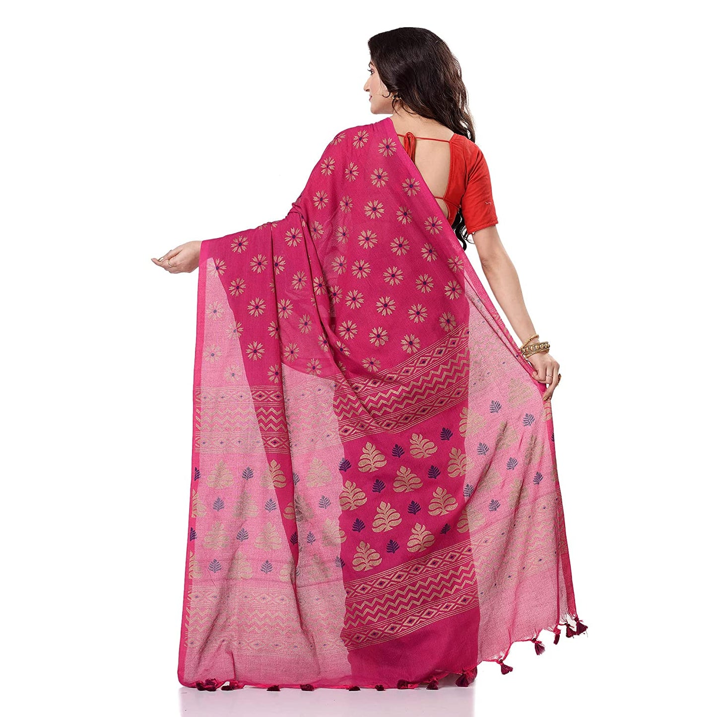 Women's Handspun Cotton Pink Handloom Print Saree