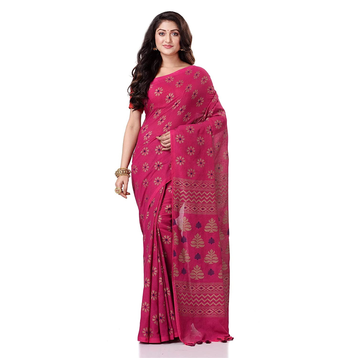 Women's Handspun Cotton Pink Handloom Print Saree