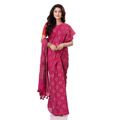 Women's Handspun Cotton Pink Handloom Print Saree