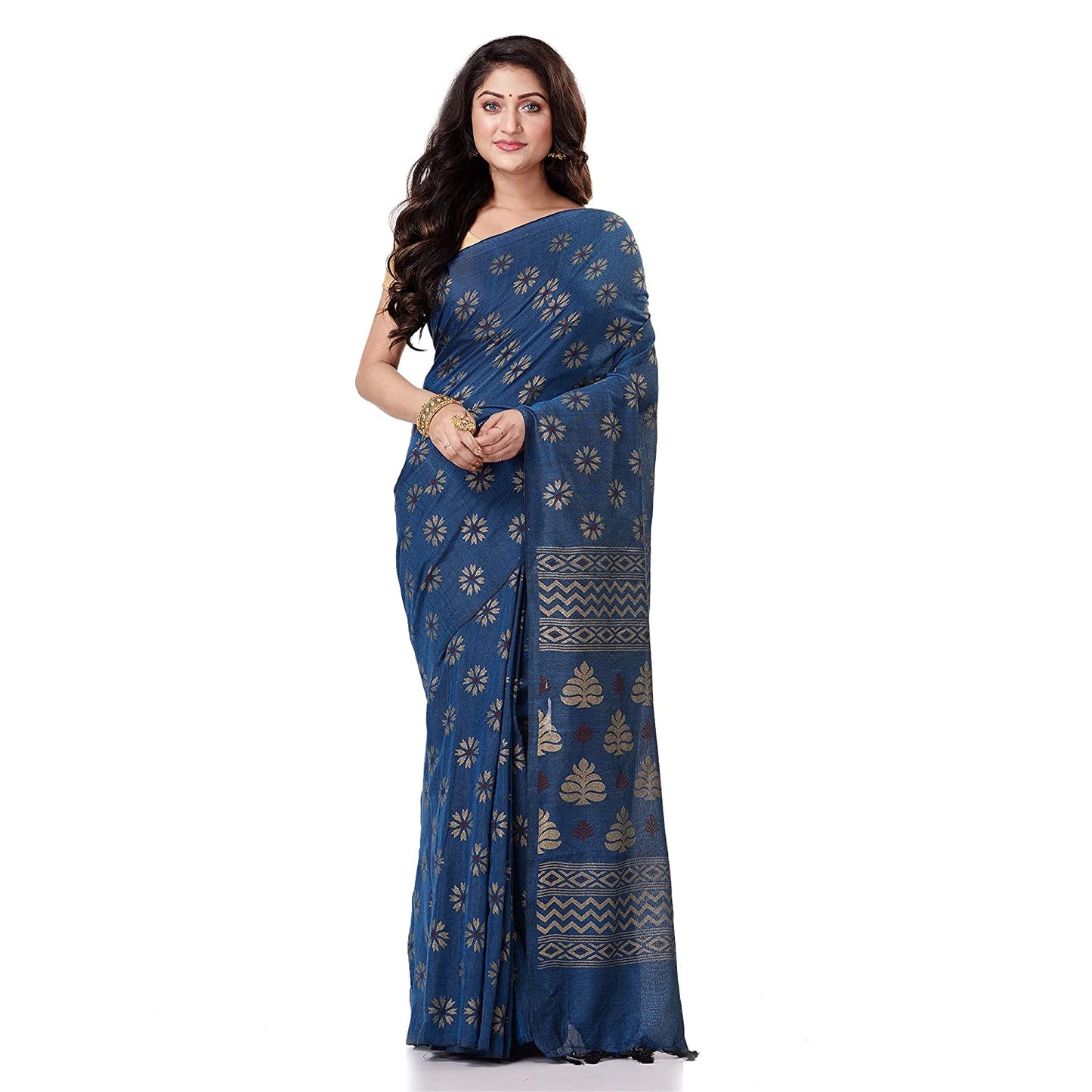 Women's Handspun Cotton Blue Handloom Print Saree