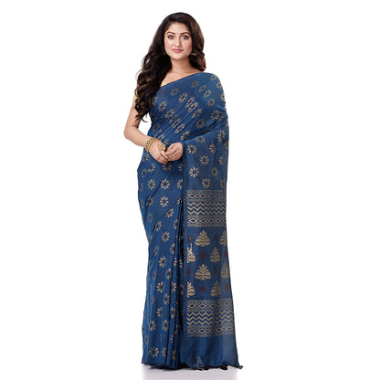 Women's Handspun Cotton Blue Handloom Print Saree