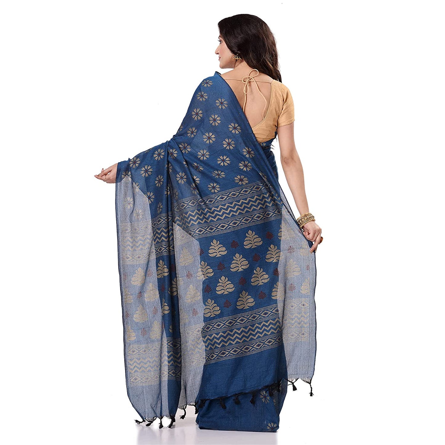 Women's Handspun Cotton Blue Handloom Print Saree