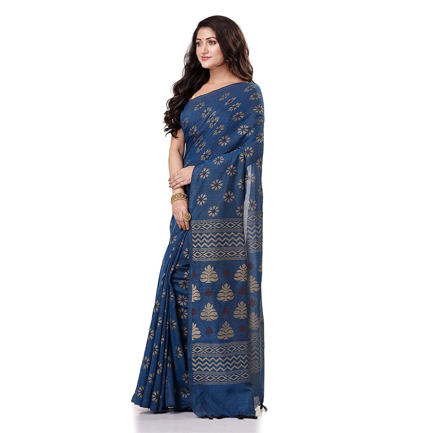 Women's Handspun Cotton Blue Handloom Print Saree