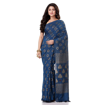 Women's Handspun Cotton Blue Handloom Print Saree