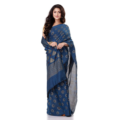 Women's Handspun Cotton Blue Handloom Print Saree