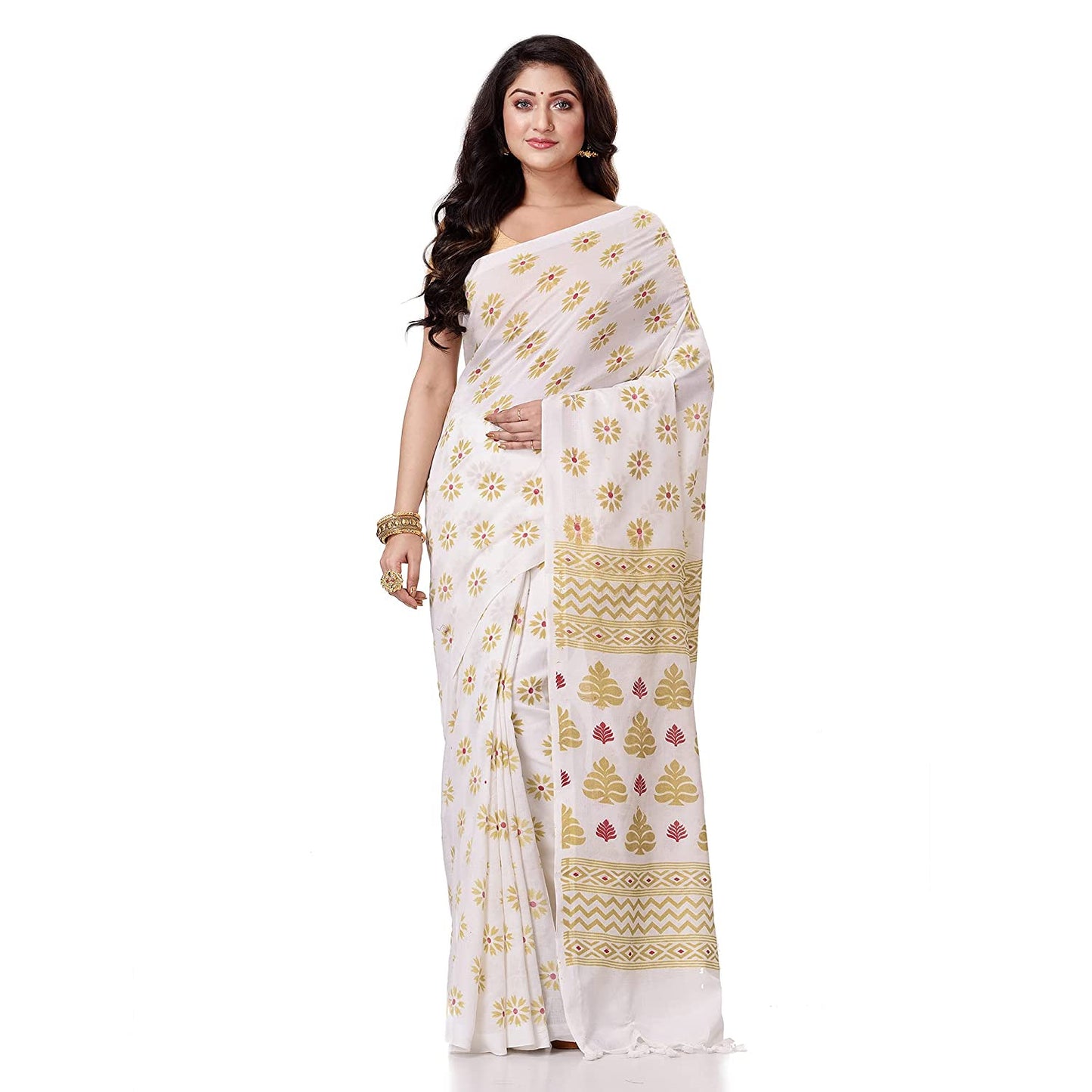 Women's Handspun Cotton White Handloom Print Saree